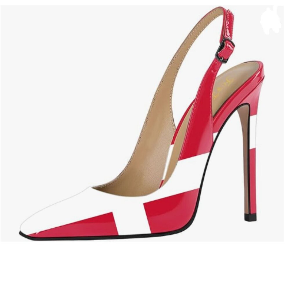 FOWT Denmark Flags Square Toe Pump Glossy High Heel Slingbacks Dress Shoes